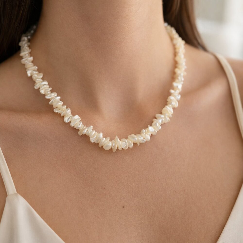 Vintage Mother of Pearl Chip Necklace - Natural Iridescent Shell